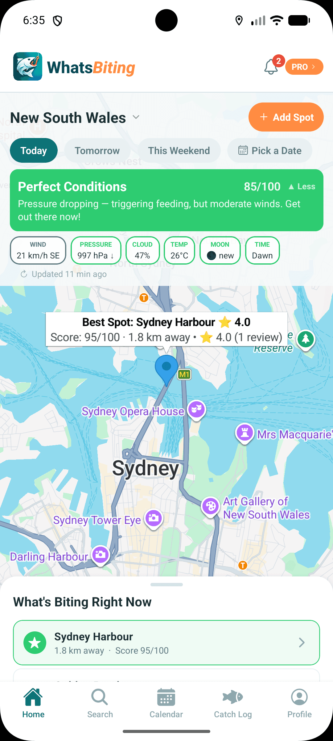 WhatsBiting app showing map with Best Spot conditions