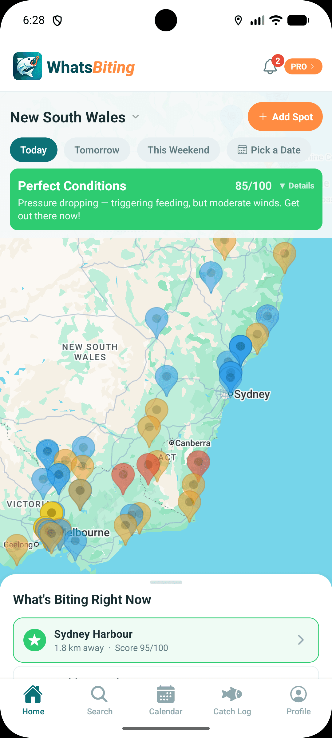 NSW map with fishing spot pins
